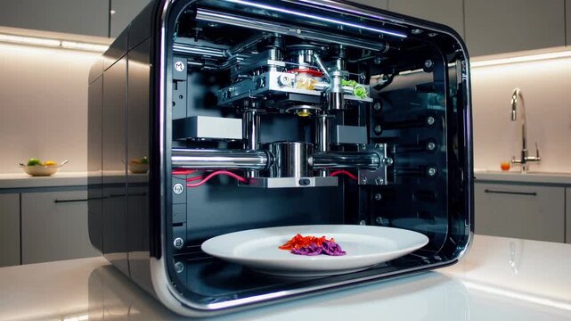 A futuristic, creative digital machine for smart culinary homes with 3D printing for food innovation and modern appliances