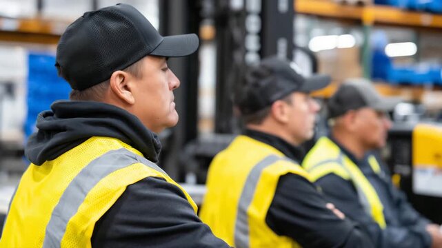 191Workshop employees attending briefing on workplace safety protocols, rear view capturing attentive stance, fluorescent lighting casting reflections on equipment