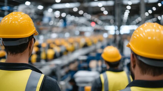 196Wide rear view of factory team gathered in workshop for safety discussion, organized lines of workers with helmets, conveyor belts and machinery softly blurred