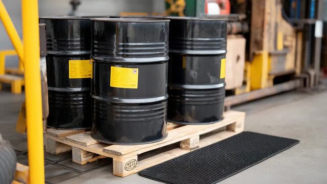 200Close-up of barrels safely positioned on a sturdy spill containment pallet, textured polyethylene surface and clean surroundings emphasizing environmental safety