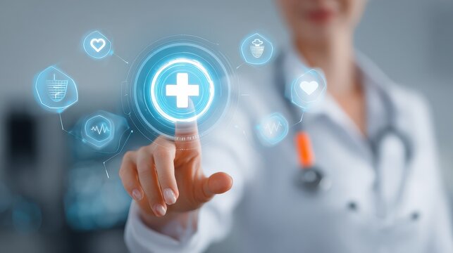 A healthcare professional interacts with digital health icons, symbolizing modern technology in medicine and patient care. - Powered by Adobe