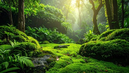 Fototapeta premium Enchanted Forest Floor Sunlight Through Trees Fresh Moss Greenery Natural Scenery.