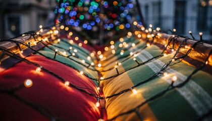 Colorful glowing holiday banner with bokeh Christmas lights.