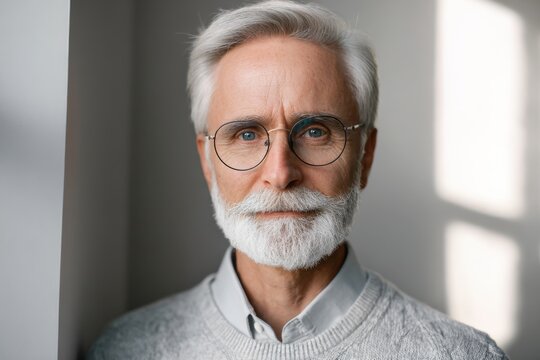 Elderly Man with White Beard and Glasses Standing in Bright Room.
