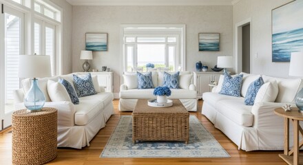 Coastal Style Living Room with Three White Sofas, Blue Patterned Cushions, and Rattan Coffee Table.