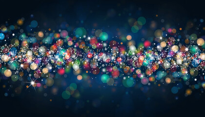 Colorful glowing holiday banner with bokeh Christmas lights.