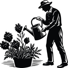 Gardener Watering Plants Silhouette Illustration with Watering Can Vector Art on White Background