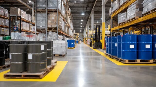 210Wide view of warehouse with multiple spill containment pallets and barrels, clean floor, highlighting careful adherence to safety regulations