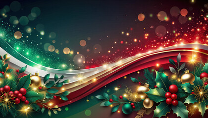 Colorful glowing holiday banner with bokeh Christmas lights.