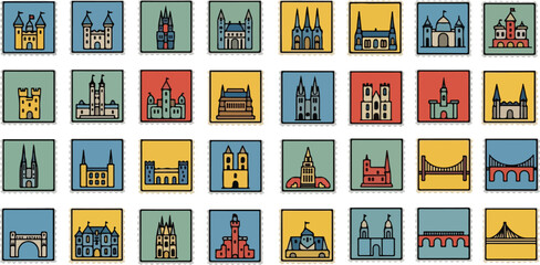 Collection of various architectural landmarks and famous buildings in a flat icon style.