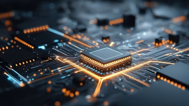 A close-up view of a computer circuit board featuring intricate lines, a central processor, and glowing orange lights, illustrating advanced technology.