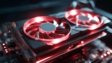 Close-up of GPU fans spinning rapidly with heat sensors glowing red, emotion of intensity visible, symbolizing the raw computational power and energy demand of modern cryptocurrency mining