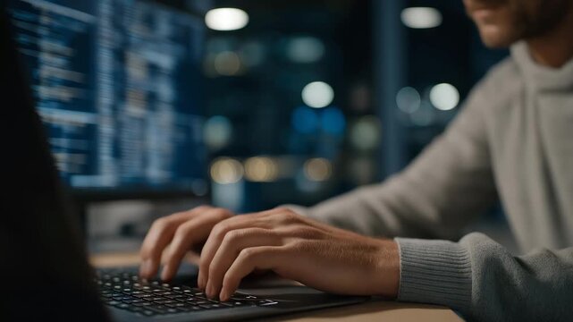 Close-up of hands typing on secure terminal with 911 network security visualizations, highlighting advanced cybersecurity, AI monitoring, and real-time protection of life-saving emergency systems.