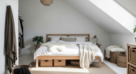 Cozy Attic Bedroom with Wooden Bed, Open Closet, and Natural Wicker Storage Baskets.