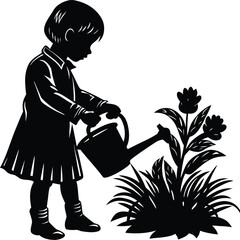 Girl Watering Plant Silhouette Graphic Design for Gardening and Springtime on White Background