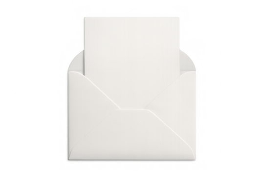 White open envelope containing a blank, white paper sheet, ready for custom text or design. Transparent background