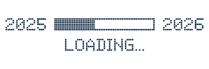 Loading 2025 to 2026 banner vector illustration concept with digital pixel grid progress bar with countdown 2026. Minimal dotted typography Perfect for countdowns, tech, banners, cards, and posts.