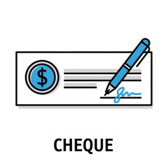 Vector illustration of blue pen signing a cheque with a dollar sign