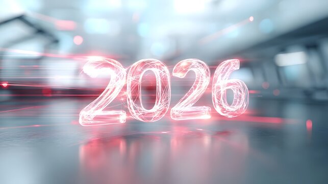 Abstract glowing numbers 2026 create a dynamic futuristic scene with vibrant red light streaks and soft bokeh evoking innovation speed and forward thinking concepts
