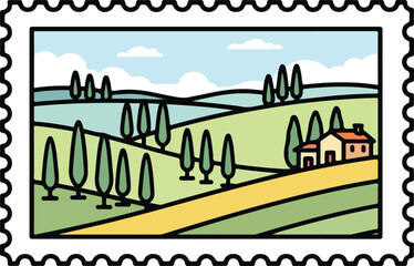 A charming graphic illustration of a rural landscape with rolling hills, cypress trees, a farmhouse, and fields, depicted on a postage stamp.