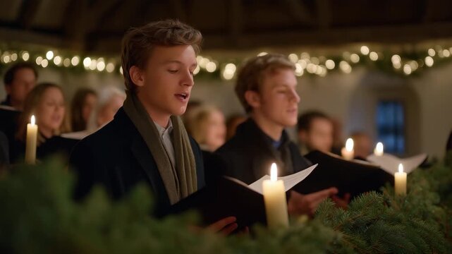Congregants singing carols in a candle-lit church decorated with evergreen garlands, emotion of peace and celebration visible, representing Christmas worship, festive spiritual ambiance, and