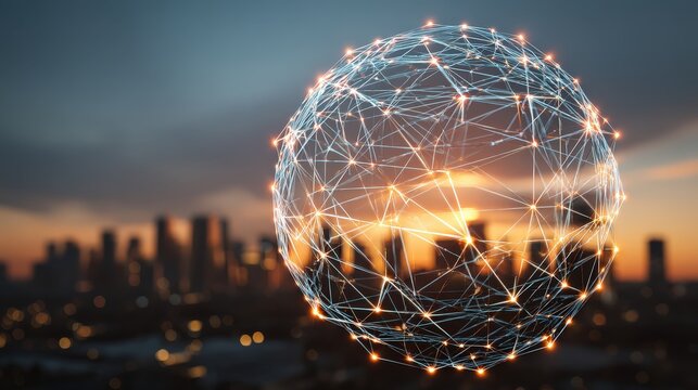 A digital globe composed of interconnected lines and nodes against a city skyline at sunset, symbolizing technology and connectivity.