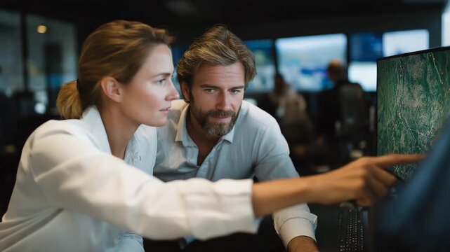 Crisis response team using high-resolution predictive 911 mapping software in a command center, plotting evacuation routes, overlaying live population data, and monitoring potential disaster impact