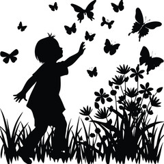 Child's Silhouette Reaching for Butterflies in a Floral Meadow Illustration on White Background