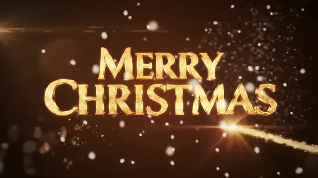 Merry Christmas golden text with a magic light trail particle comet and falling snow