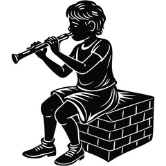Musical Boy Silhouette Playing Flute on Brick Wall Illustration Art on White Background
