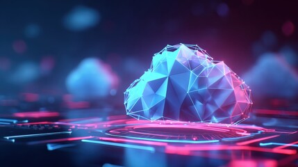 A digital representation of a cloud, composed of geometric shapes and glowing colors, set against a futuristic, technology-themed background.