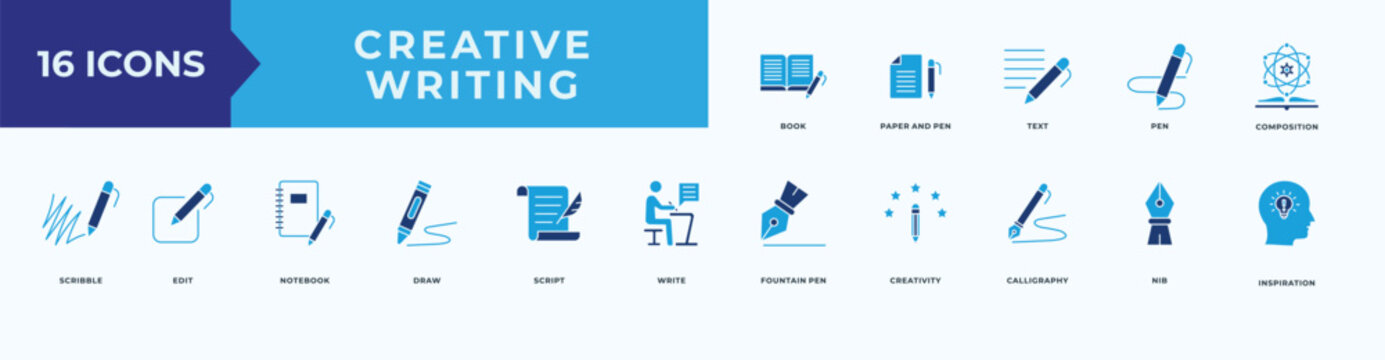 creative writing icon set flat blue style