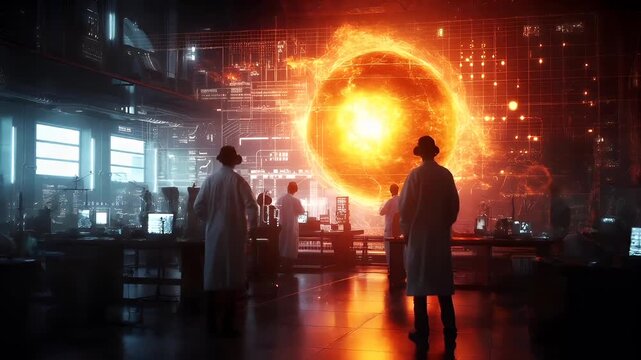 A cyberpunkthemed digital artwork featuring a scientist in a lab coat and hat, standing in front of a large digital screen with a fiery explosion in the background.