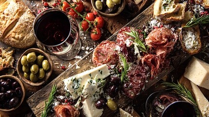 Rustic charcuterie board presenting cured meats, various cheeses, fresh olives, cherry tomatoes, and crusty bread, paired with glasses of red wine for a gourmet appetizer or italian meal