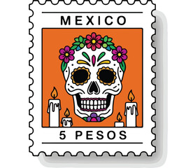 A Mexican postage stamp featuring a decorated sugar skull with flowers and candles, celebrating Day of the Dead.