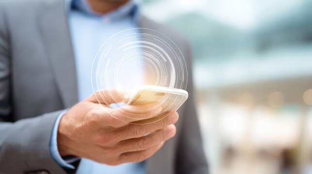 A businessman interacts with a smartphone, showcasing digital connectivity with visual effects representing data transmission.