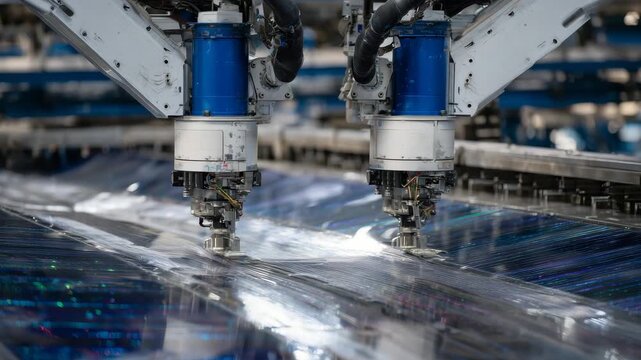 243Close-up of robotic arm joints and end effector laying carbon fiber sheets on supersonic jet wing mold, reflections emphasizing high-tech engineering