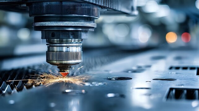 Cnc automated laser machine cutting metal sheets with high precision and intense sparks, showing advanced industrial manufacturing processes and modern technology in action