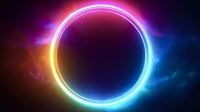 Neon glowing circle forming a shimmering portal against a dark cosmic background, displaying vibrant radial energy with orange, pink, purple, and blue light effects