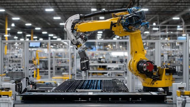 242Advanced aerospace production line with robotic arm molding composite tail section for supersonic jet, bright workshop lighting illuminating black carbon fiber