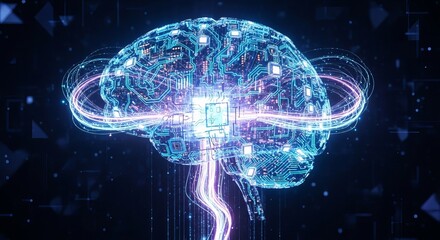 Blue digital science illustration of a glowing fractal human brain scan showing the power of the mind and intelligence