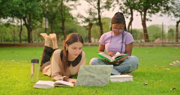 Indian happy young adult female talk use laptop look screen check online work task share idea plan gen z girl lying on grass do study help read new exam course book enjoy spend day time park place	 - Powered by Adobe