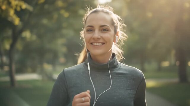 Joyful Young Woman Running Outdoors, Smiling at Camera with Earphones in Golden Sunlight