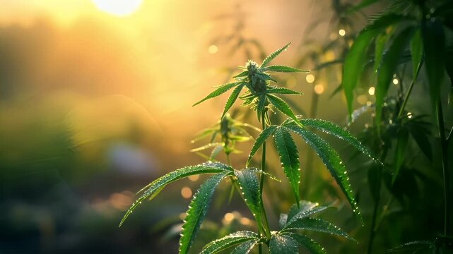 Marijuana cannabis topic concept. cannabis plant with dewdrops during sunset.