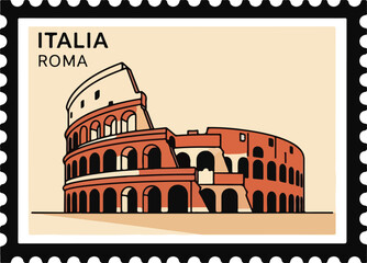 A stylized illustration of the Colosseum in Rome, Italy, featured on a postage stamp with a black perforated border and text 'ITALIA ROMA'.