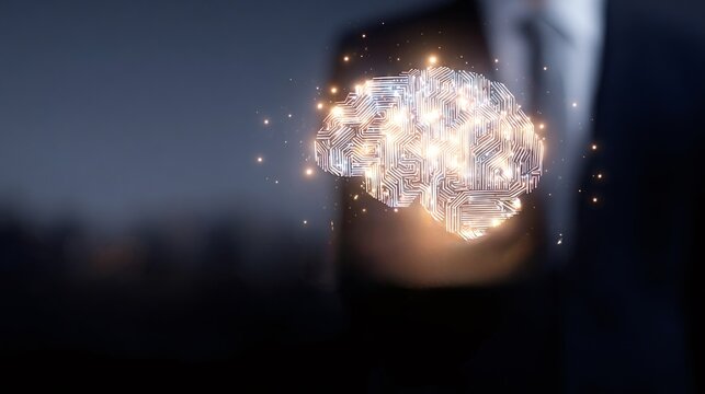 Business person presenting an illuminated digital brain hologram, symbolizing ai, machine learning, innovation, and futuristic technology in a dark and abstract environment