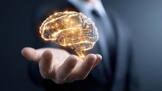 Businessman's hand presenting a glowing digital brain, symbolizing artificial intelligence, technological innovation, data processing, and future concept development