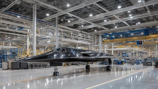 245Advanced aerospace production line with robotic arm molding composite tail section for supersonic jet, bright workshop lighting illuminating black carbon fiber