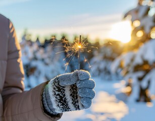 Close-up of a person's hand in a striped mitten holding a sparkling sparkler against a snowy winter landscape with a bright sun in the background.