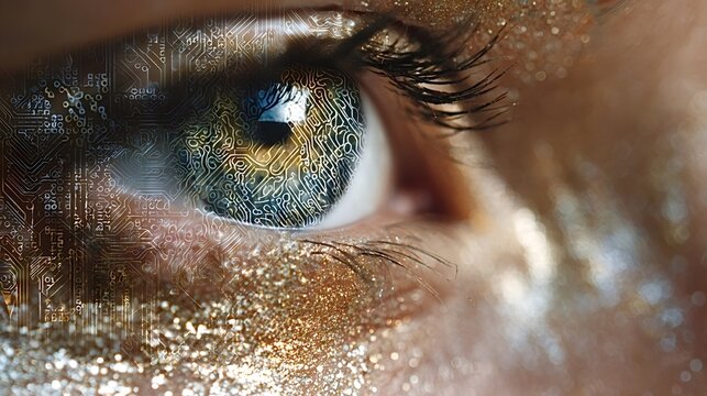 Human eye shows a digital circuit board pattern, representing artificial intelligence, neural networks, advanced technology, and a futuristic vision concept, with surrounding glitter makeup